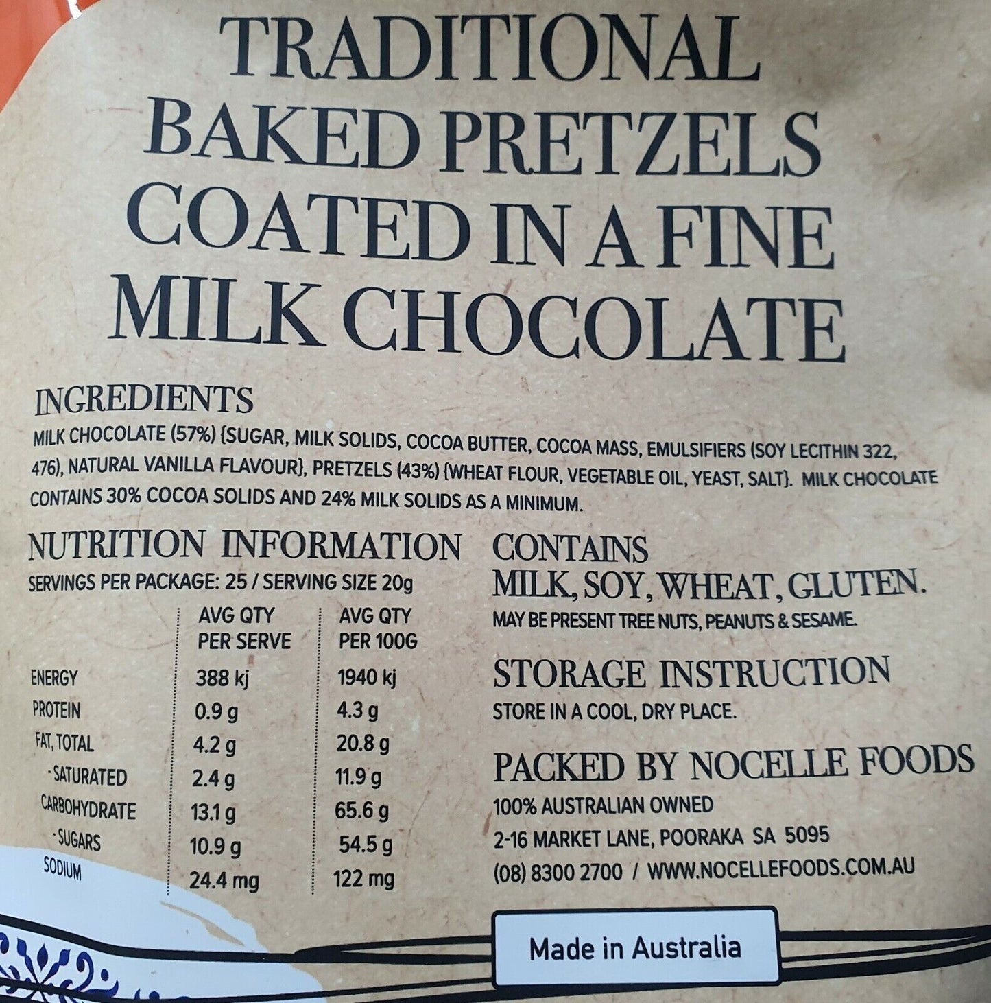 Biancos 100% Australian Premium Fine Milk Chocolate Baked Pretzels Snack 700g