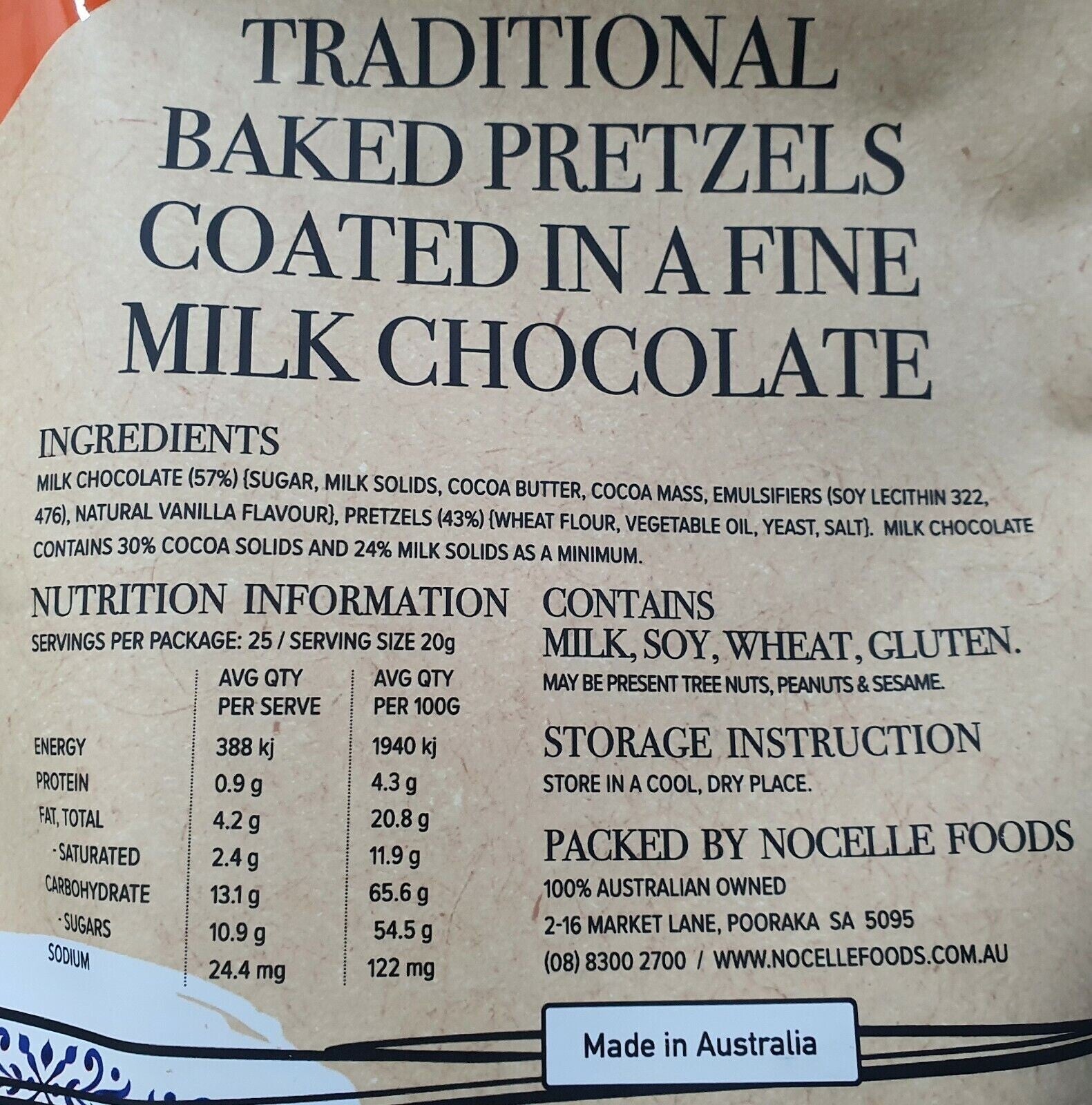 Biancos 100% Australian Premium Fine Milk Chocolate Baked Pretzels Snack 700g