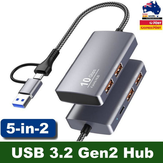 Universal 5-in-2 USB 3.2 Gen2 10Gbps Hub Splitter with 4x USB 3.2 + 1x USB C