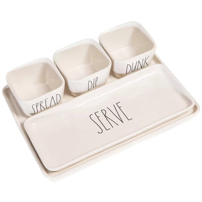 Rae Dunn Artisan 5 Piece White Ceramic Nesting Serving Tray Dip Bowl Serving Set