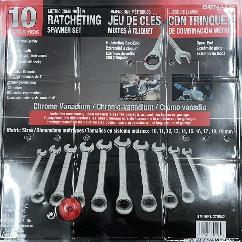 Bonaire 10 PCs 10-19mm Professional Metric Ratcheting Spanner Ratchet Wrench Set