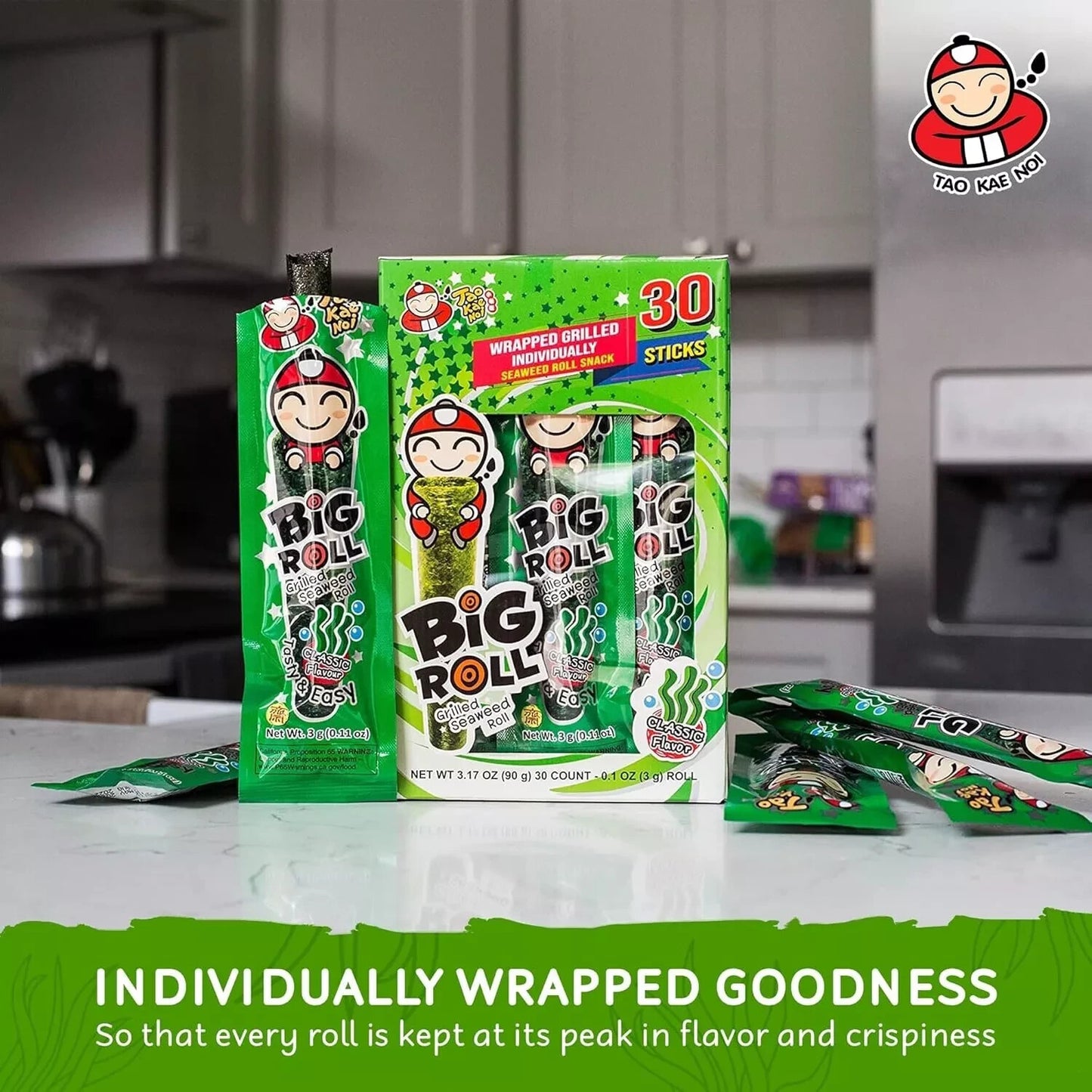 30 x 3g Tao Kae Noi Big Roll Grilled Seaweed Roll Snack Individually Wrapped