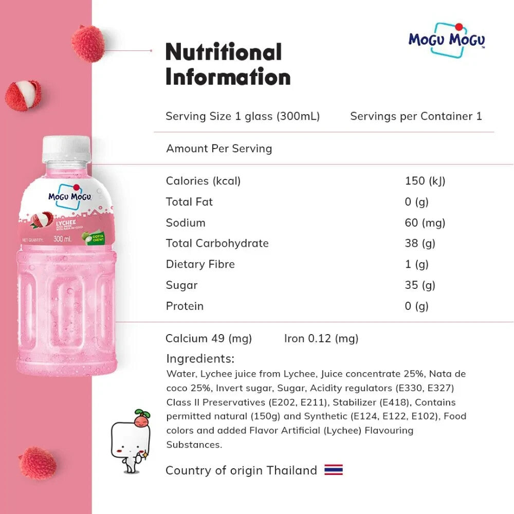 12 x 320ml Mogu Mogu Lychee flavoured Kids drink with Nata De Coco Coconut Jelly