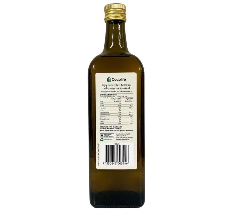 Cocolife Australian Cold Pressed Macadamia Oil 1 Litre For Cooking, Salads...