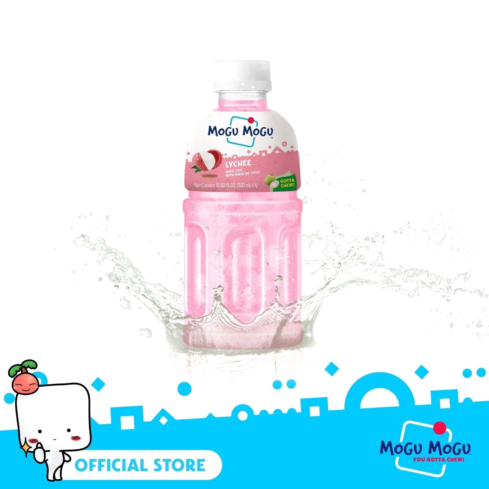 12 x 320ml Mogu Mogu Lychee flavoured Kids drink with Nata De Coco Coconut Jelly
