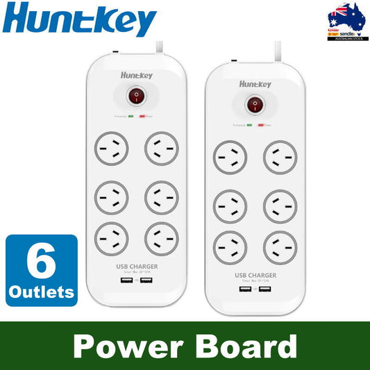 Huntkey AU 6 Way Outlets Powerboard w/ 2 USB Port & Surge Protection Heavy Duty