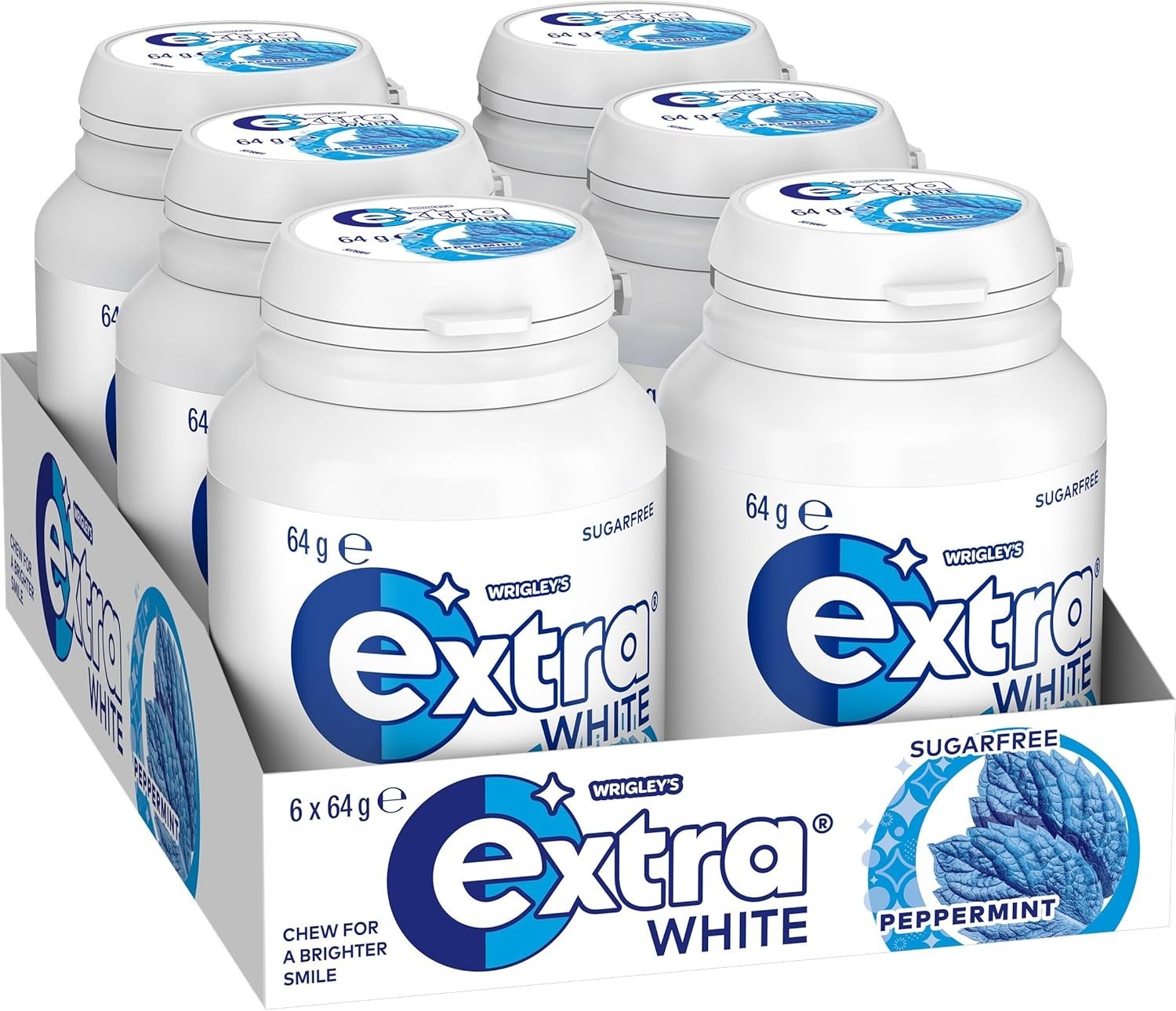 6 x 64g Wrigleys Extra White Peppermint Sugarfree Chewing Gum Fresh Mint Breath