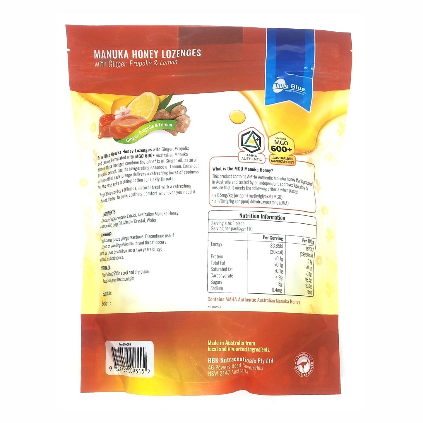 Manuka Honey Lozenges Ginger Propolis Lemon Cough Drop Australian Made MGO 600+