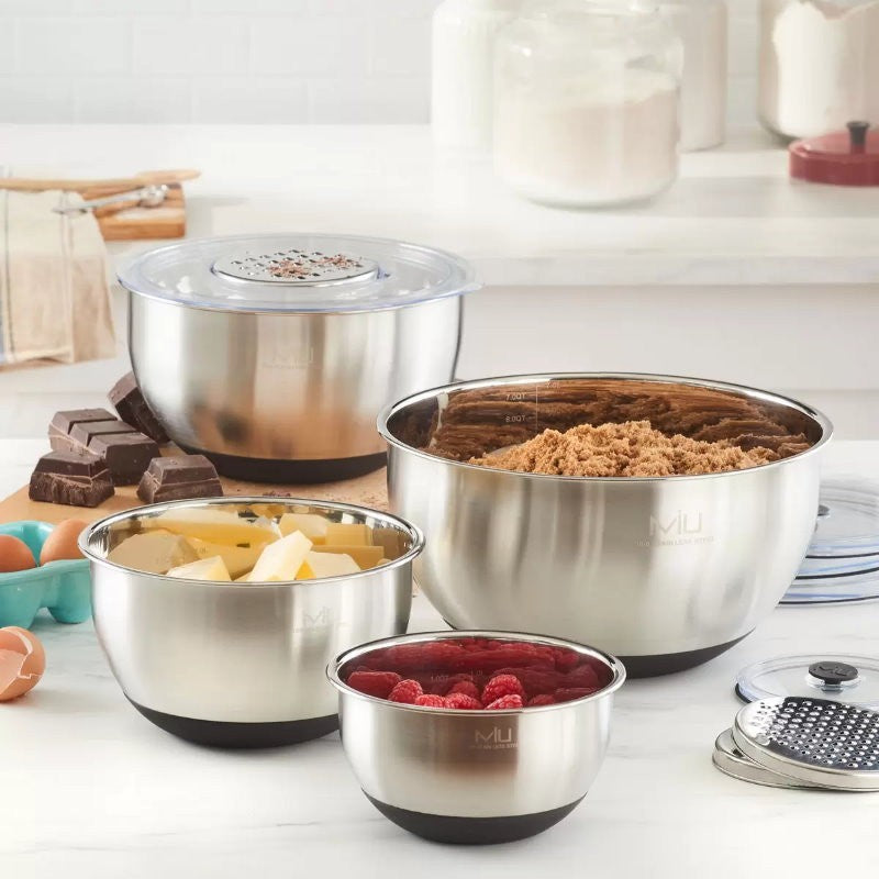 MIU 11-Piece 18/8 Stainless Steel Mixing Bowls Set with 4 Lids & 3 Graters