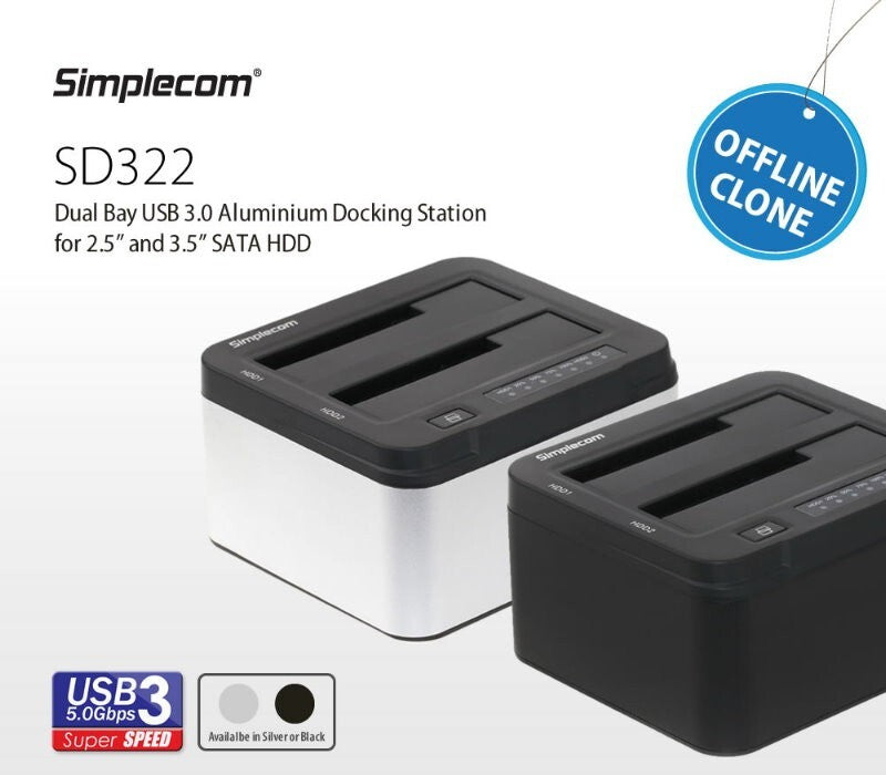 Simplecom SD322 Dual Bay USB 3.0 Aluminium Docking Station for 2.5" 3.5" SATA HD
