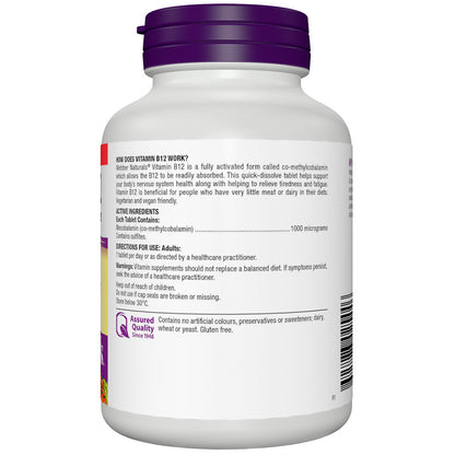 Webber Natural Vitamin B12 Mecobalamin 1000 mcg 100 Tablets Tiredness Fatigue