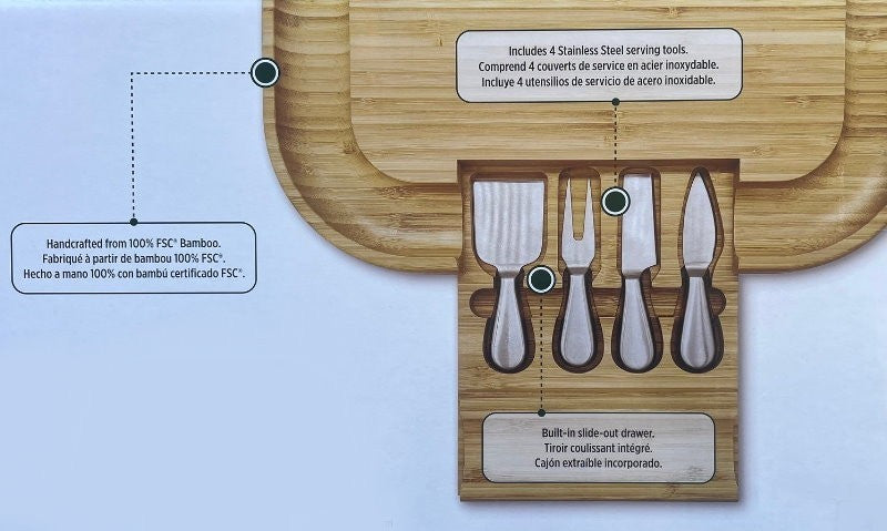 Carrara Bamboo Cheese Board 43 x 33 cm w/ 4 Stainless Steel Knife Serving Tools