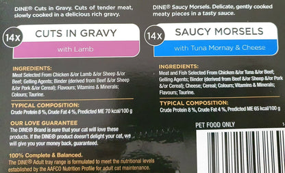 28x85g Dine Premium Wet Cat Food Tuna Mornay & Cheese Gravy Lamb Australia Made