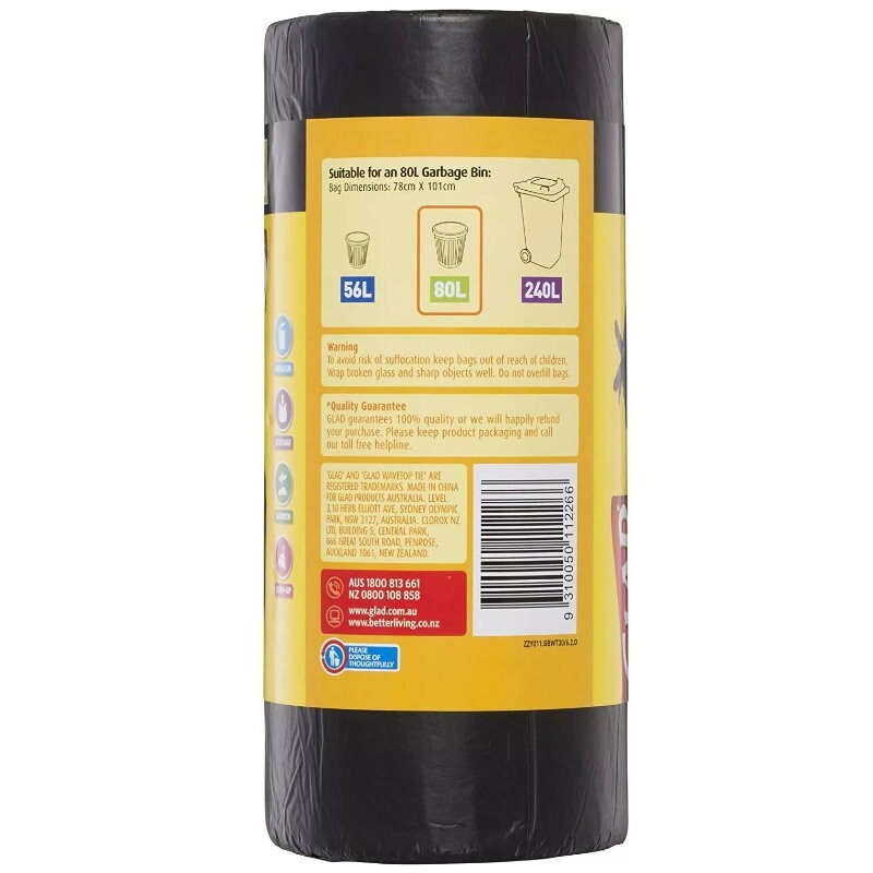 Glad XL 80L Extra Large Wavetop Tie Garbage Bags with Leak Proof Base 78 x 100cm
