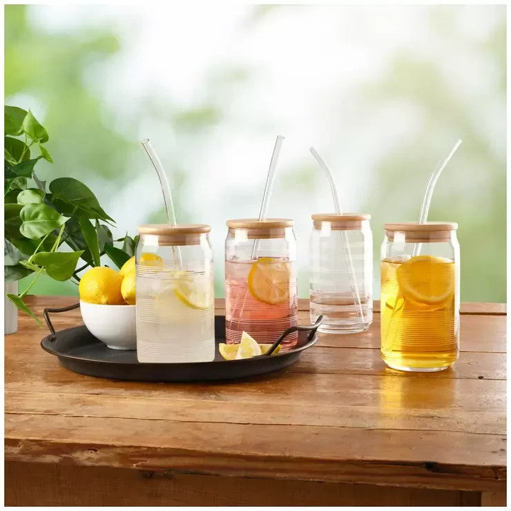 Mikasa 4 x Cold Drink Glass Tumblers 532mL with Bamboo Lid & Tritan Straw Set