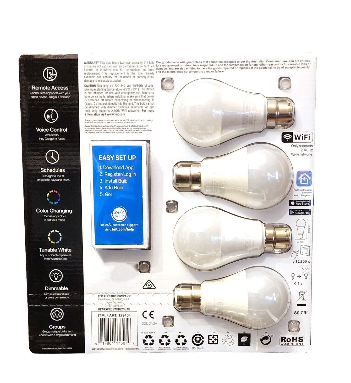 4 x FEIT Dimmable Wifi Colour RGB LED Smart Bulbs Bayonet B22 9w 800 Lumens
