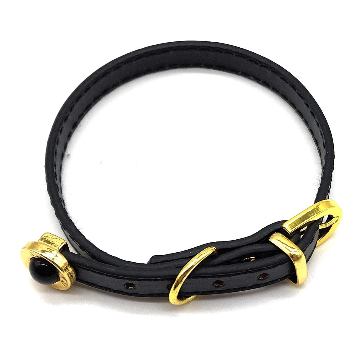Stylish Black Leather Cat Collar with Gold Accents and Gemstone Detailing