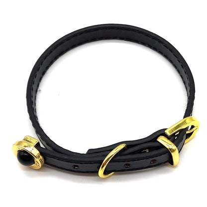 Stylish Black Leather Cat Collar with Gold Accents and Gemstone Detailing