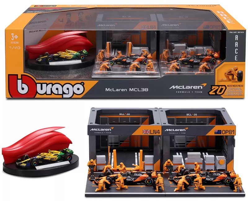 Burago 1:43 Formula One Racing Deluxe Paddock Ferrari, McLaren, Mercedes, RedBul