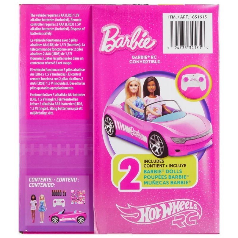Hot Wheels Mattel Barbie RC Toy Car Convertible with 2 Dolls, Sticker Sheet