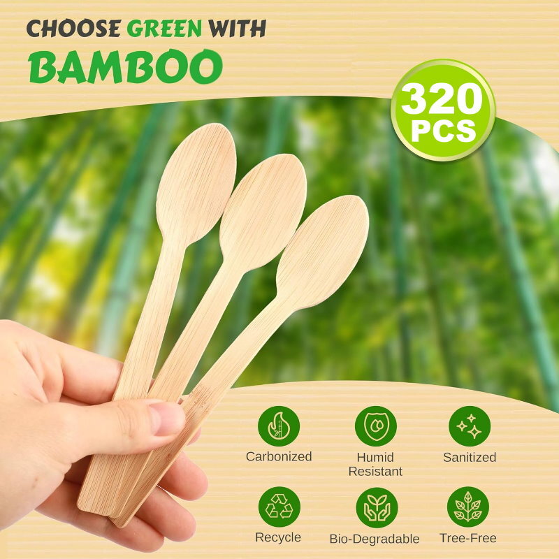 iECO 320pcs Disposable 100% Bamboo Utensils Set - Fork or Spoon Cutlery Set