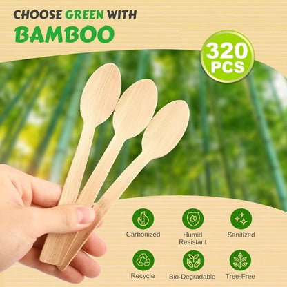 iECO 320pcs Disposable 100% Bamboo Utensils Set - Fork or Spoon Cutlery Set
