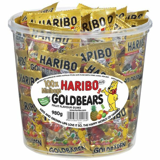100 x Mini Sample Pack Haribo Goldbear Kids Chewy Candy Gummy Bears Gummi 980g
