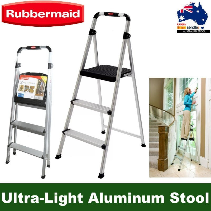 Rubbermaid 3 Step Ultra-Light Aluminum Stool w/ Plastic Top Step 102kg Capacity