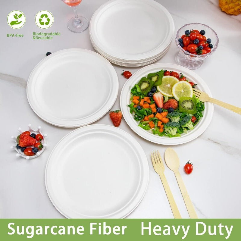 iECO 150-Pack 7" (18cm) Round White Bagasse Disposable Paper Plates Compostable