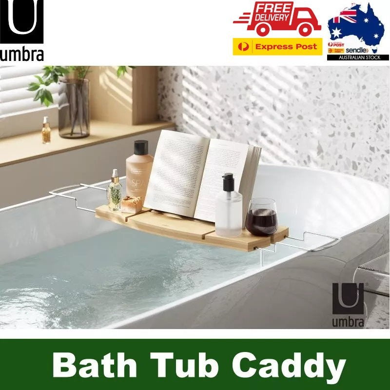 Umbra Aquala Bamboo Extendable Bath Tub Caddy Wine Glass Ipad Book Holder