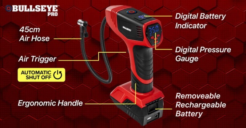 Bullseye Pro Max Rechargeable Cordless Tyre Inflator Air Pump Compressor Gauge