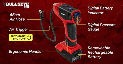 Bullseye Pro Max Rechargeable Cordless Tyre Inflator Air Pump Compressor Gauge