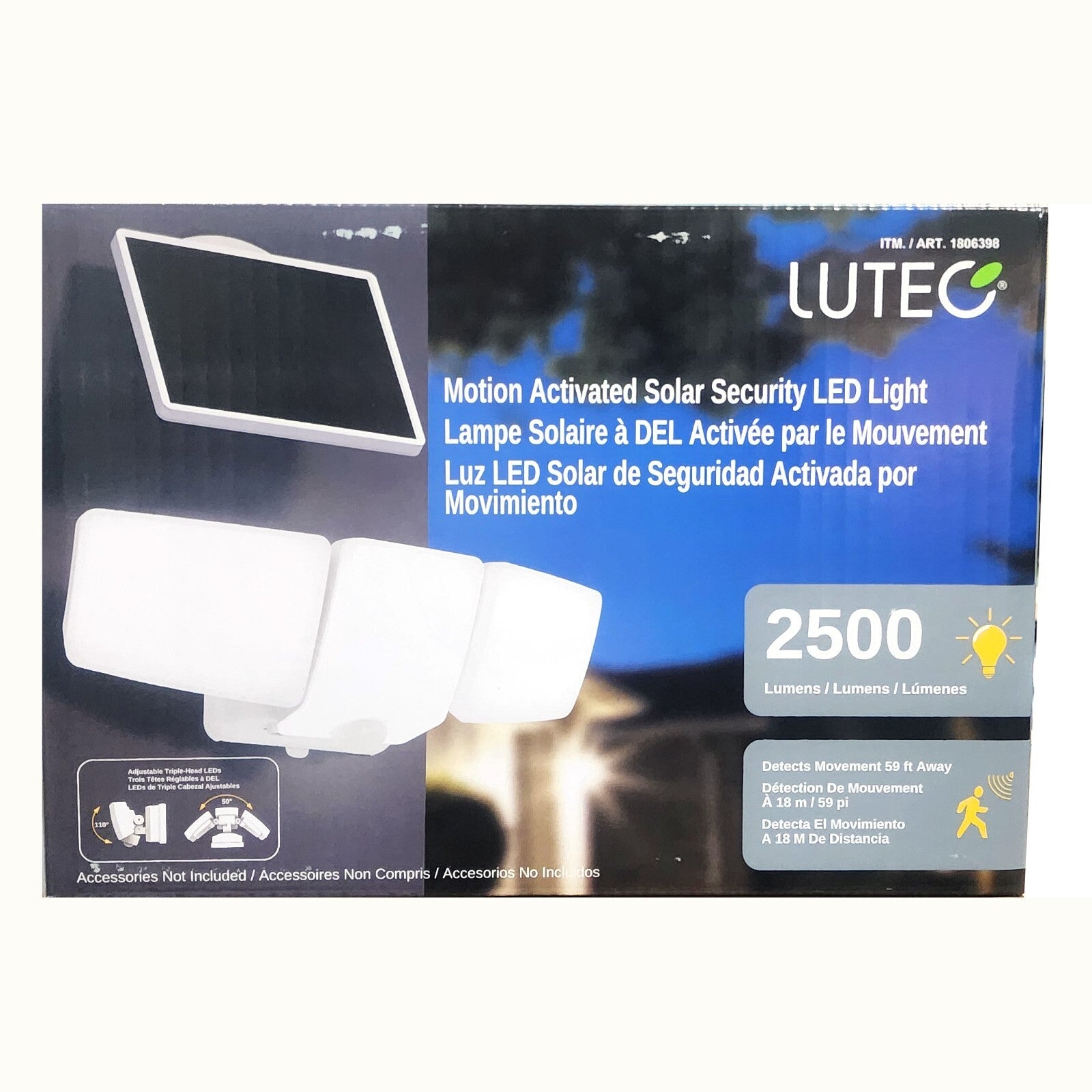 Solar 3 Motion Sensor LED Security Floodlight 2500 Lumen Garden Outdoor Light