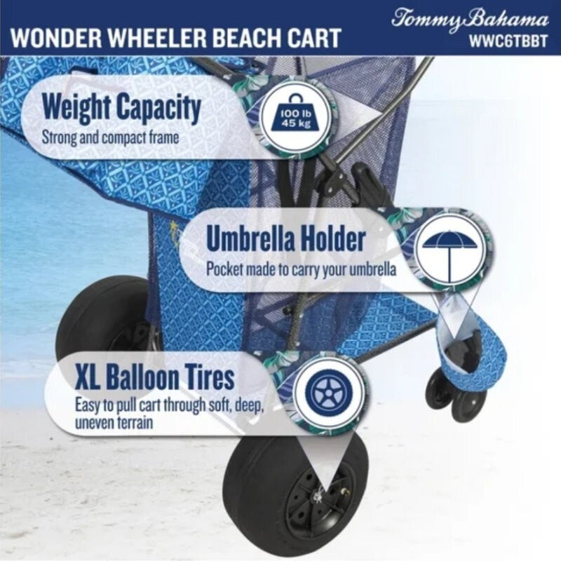 Tommy Bahama XL Wonder Wheeler Deluxe Folding Beach Cart - 45L Cooler, 4 Chairs