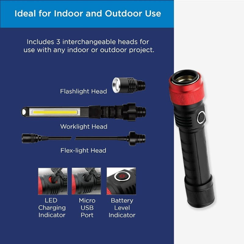 Camelion 3-in-1 LED Waterproof Rechargeable Flashlight Kit Work Light Flexible