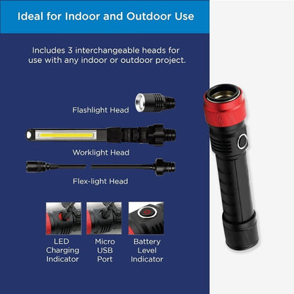 Camelion 3-in-1 LED Waterproof Rechargeable Flashlight Kit Work Light Flexible