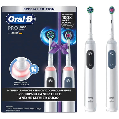 Oral-B Pro 5000 Duo Electric Toothbrush 2 x Handles 3x Brush Head 360 Gum Sensor