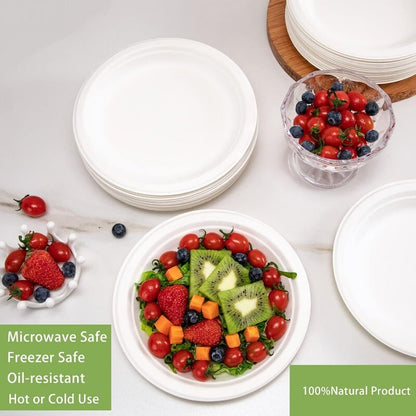 iECO 150-Pack 7" (18cm) Round White Bagasse Disposable Paper Plates Compostable