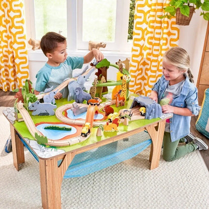 Kidkraft 52 Pcs Wooden Adventure Tracks Safari Run Play Table with Storage Net