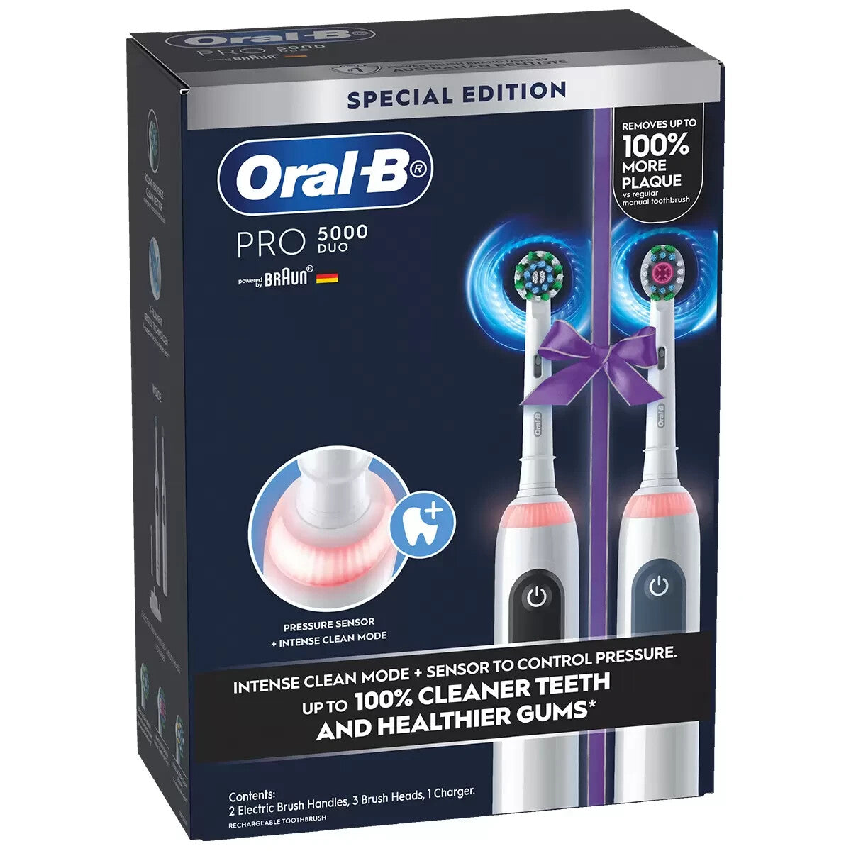 Oral-B Pro 5000 Duo Electric Toothbrush 2 x Handles 3x Brush Head 360 Gum Sensor