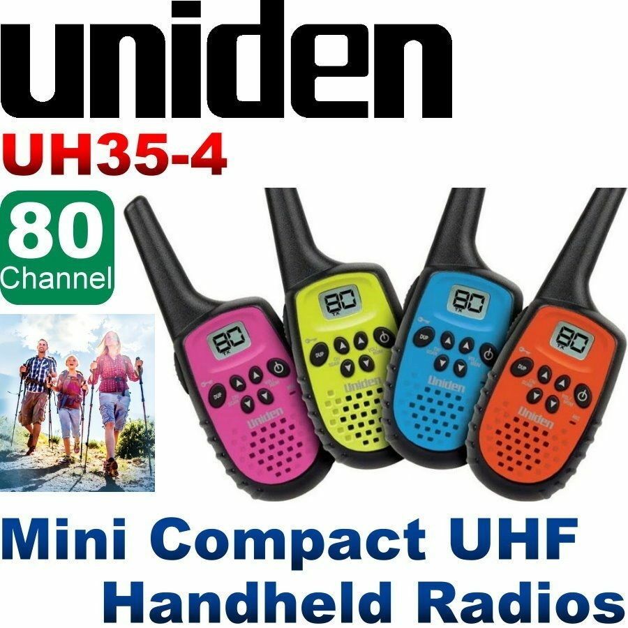 Uniden UH35-4 UHF 4 Handheld 80Ch Radio Walkie Talkies +4 Belts Quad Colour