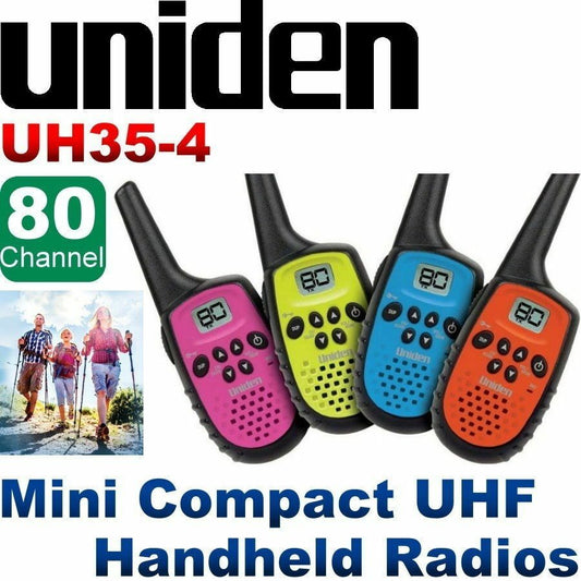 Uniden UH35-4 UHF 4 Handheld 80Ch Radio Walkie Talkies +4 Belts Quad Colour