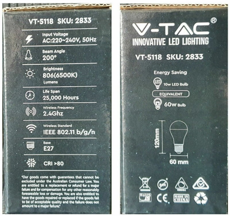 V-TAC Bluetooth Smart RGB LED Light Bulb A60 E27 or B22 - App or Voice Control