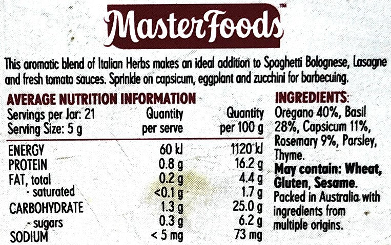 Masterfoods Italian Herbs Blend Spice Mix For Spaghetti Bolognese Lasagne 105g