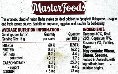 Masterfoods Italian Herbs Blend Spice Mix For Spaghetti Bolognese Lasagne 105g