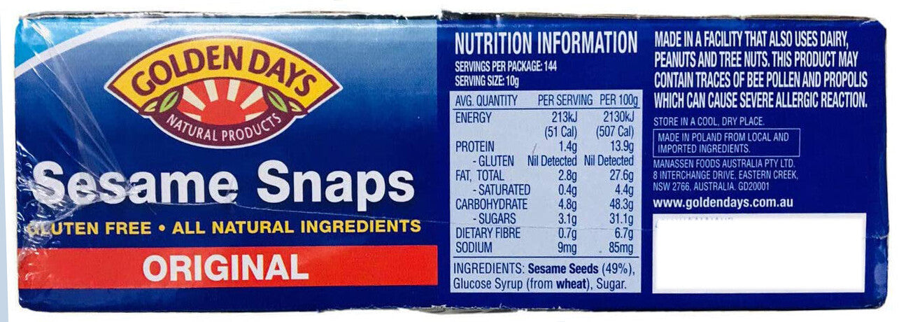 Golden Days Sesame Snaps 36x40g Natural Ingredient Gluten Free Kids School Snack
