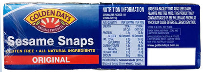 Golden Days Sesame Snaps 36x40g Natural Ingredient Gluten Free Kids School Snack
