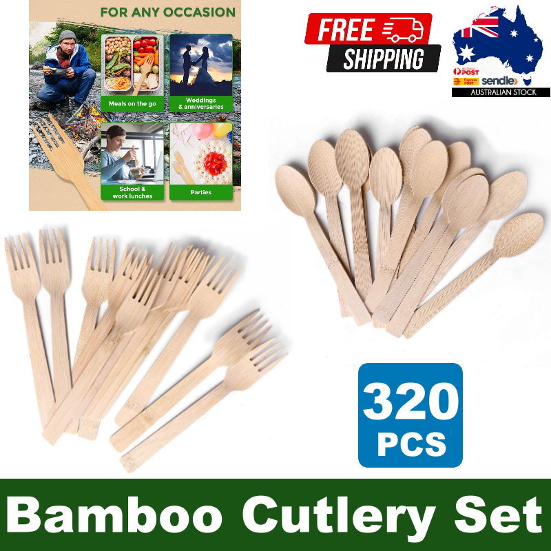 iECO 320pcs Disposable 100% Bamboo Utensils Set - Fork or Spoon Cutlery Set