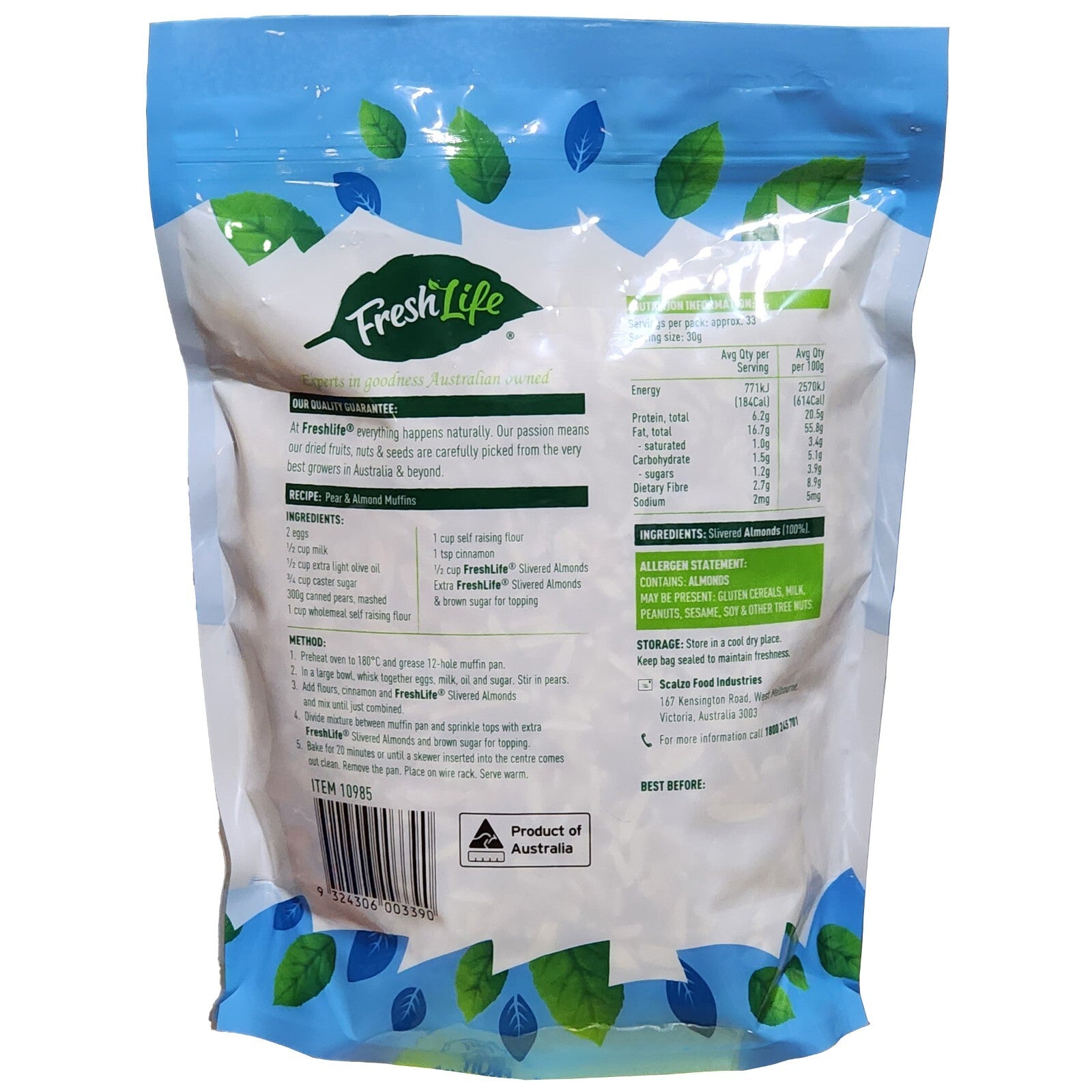 Australian Slivered Almond Raw Unsalt Healthy Goodness 1Kg Product of Australia