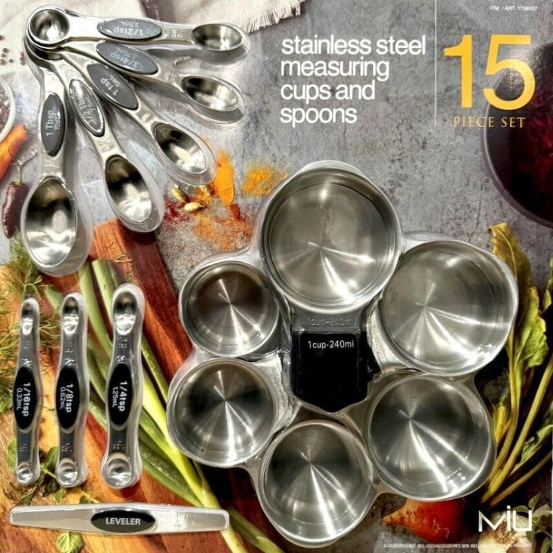 MIU France 15 Pieces 304 18/8 Stainless Steel Magnetic Measuring Cups and Spoons